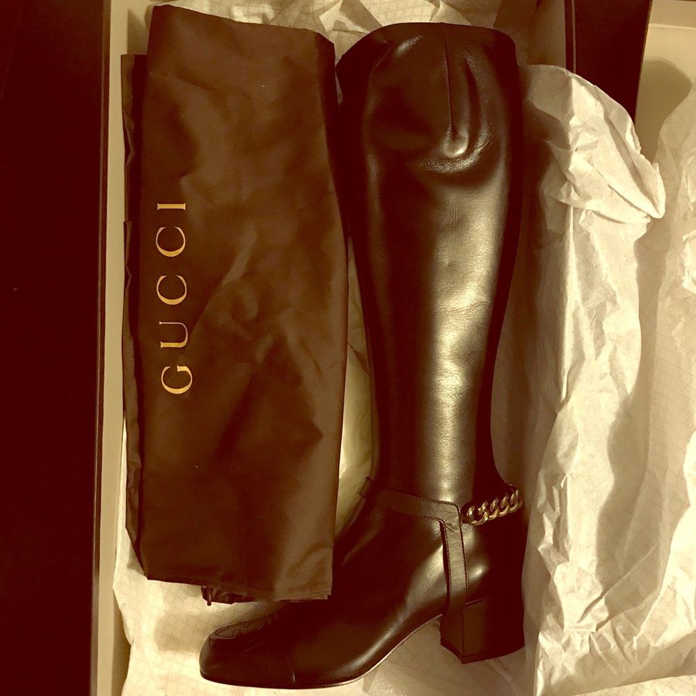 Gucci Knee High Boot with Gold Chain, Logo Detail